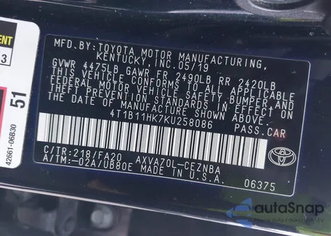 2019 Toyota Camry L/Le/Xle/Se/Xse z USA, uszkodzony, nr VIN 4T1B11HK7KU258086